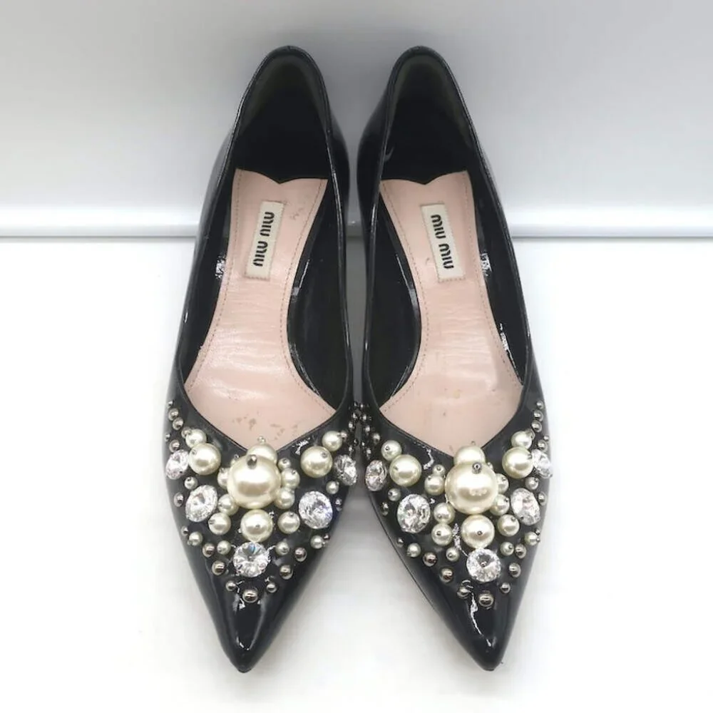 Miu Miu Pearl & Crystal-Embellished Low-Heel Pumps Black Patent Leather Size 38 - Picture 3 of 13
